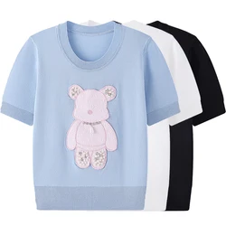 2024 Summer New Cartoon Bear Bead Design Knitting Jumper Short Sleeve Women's Casual Knitwear Brand Fashion Ladies Sweater