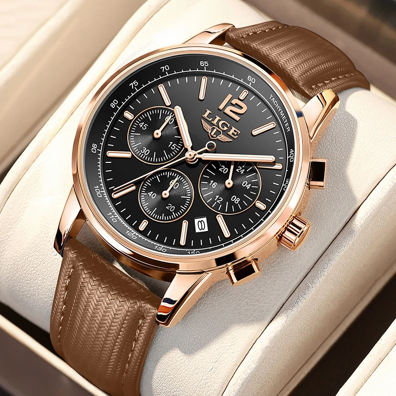 LIGE Business Watch Men Fashion Brown Leather Luminous Chronograph Wrist Watches For Men Waterproof Sports Quartz Men's Watches