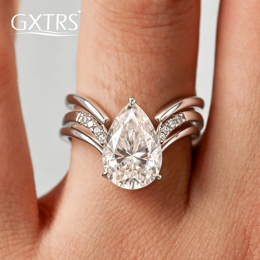 

GXTRS 4CT Waterdrop Moissanite S925 Silver Rings For Women Luxury Pear Cut Lab Diamond Wedding Band Sets Fine Jewelry Certified