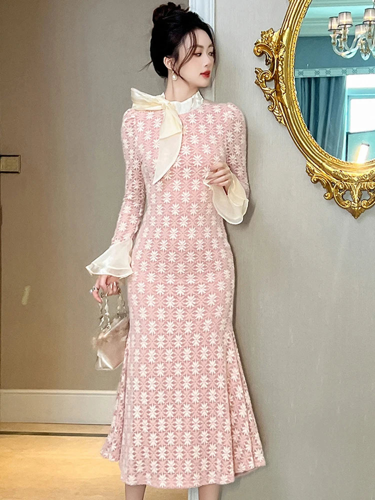 Women Clothes Pink Lace Floral Sweet Bow Flare Sleeve Slim Mermaid Dress Elegant Ladies Long Robe Party Prom Vestidos New Casual