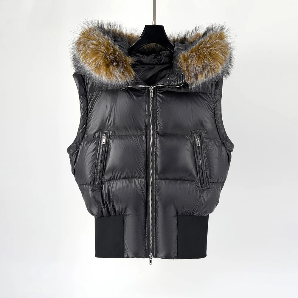 Abnehmbare Ärmel, kurze Länge, schmal geschnitten, Pelzkragen, Damen-Daunenjacke mit Kapuze, Pendler-Wärme-Daunenjacke, 2025, Winter, neu, Y2k