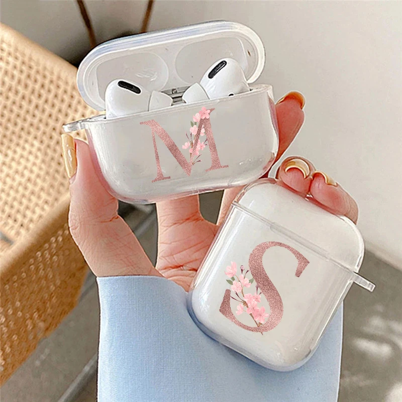 Pink Rose Gold Letter A M S Pattern Case for Airpods 1 2 3 Pro 2nd Pro 2022 Wireless Earphone Cover Cute Cartoon Funda Capa