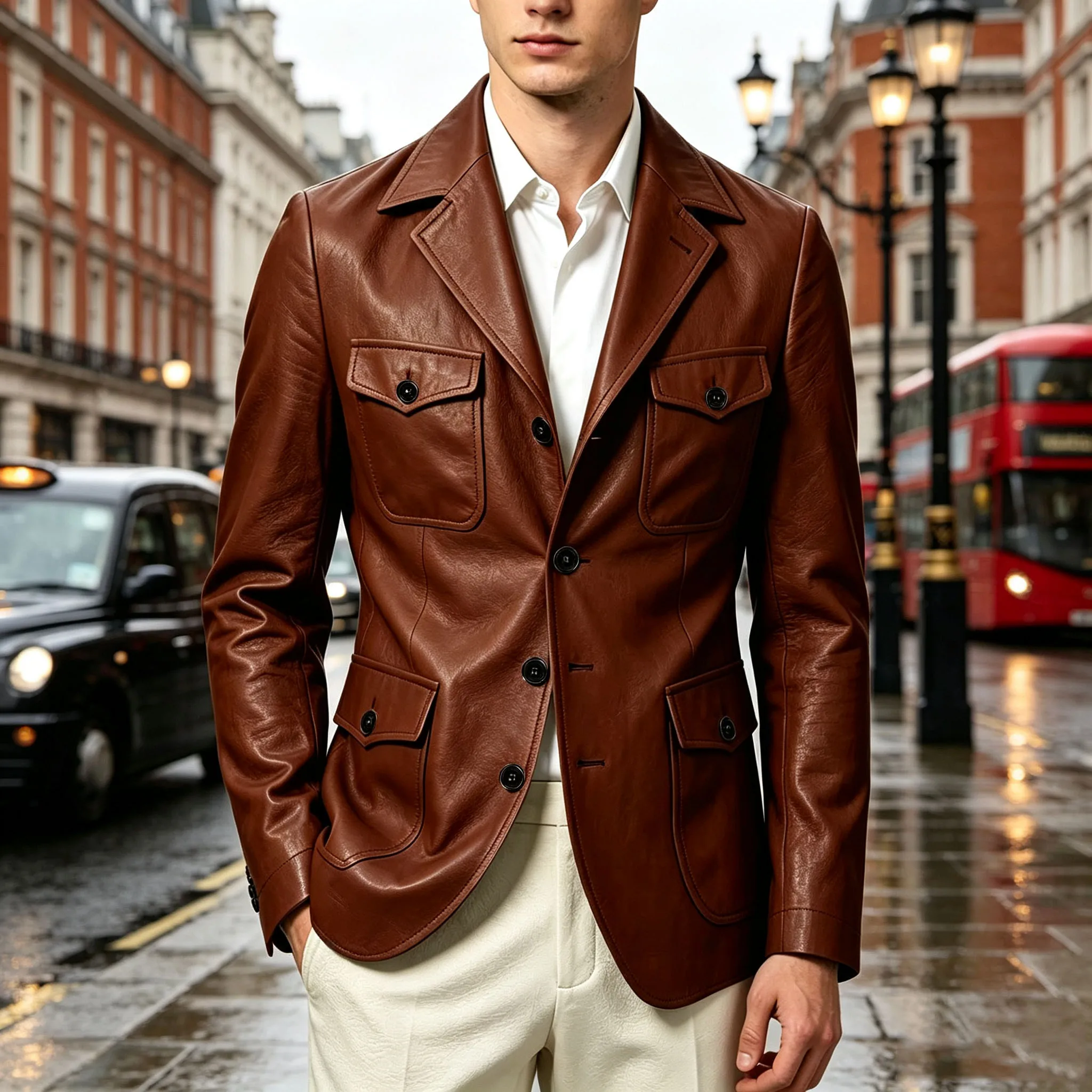 Men's Brown Leather Safari Blazer  Vintage Slim Fit Multi-Pocket Casual Hunting Jacket Fashion Comfortable Sport Coat For Daily
