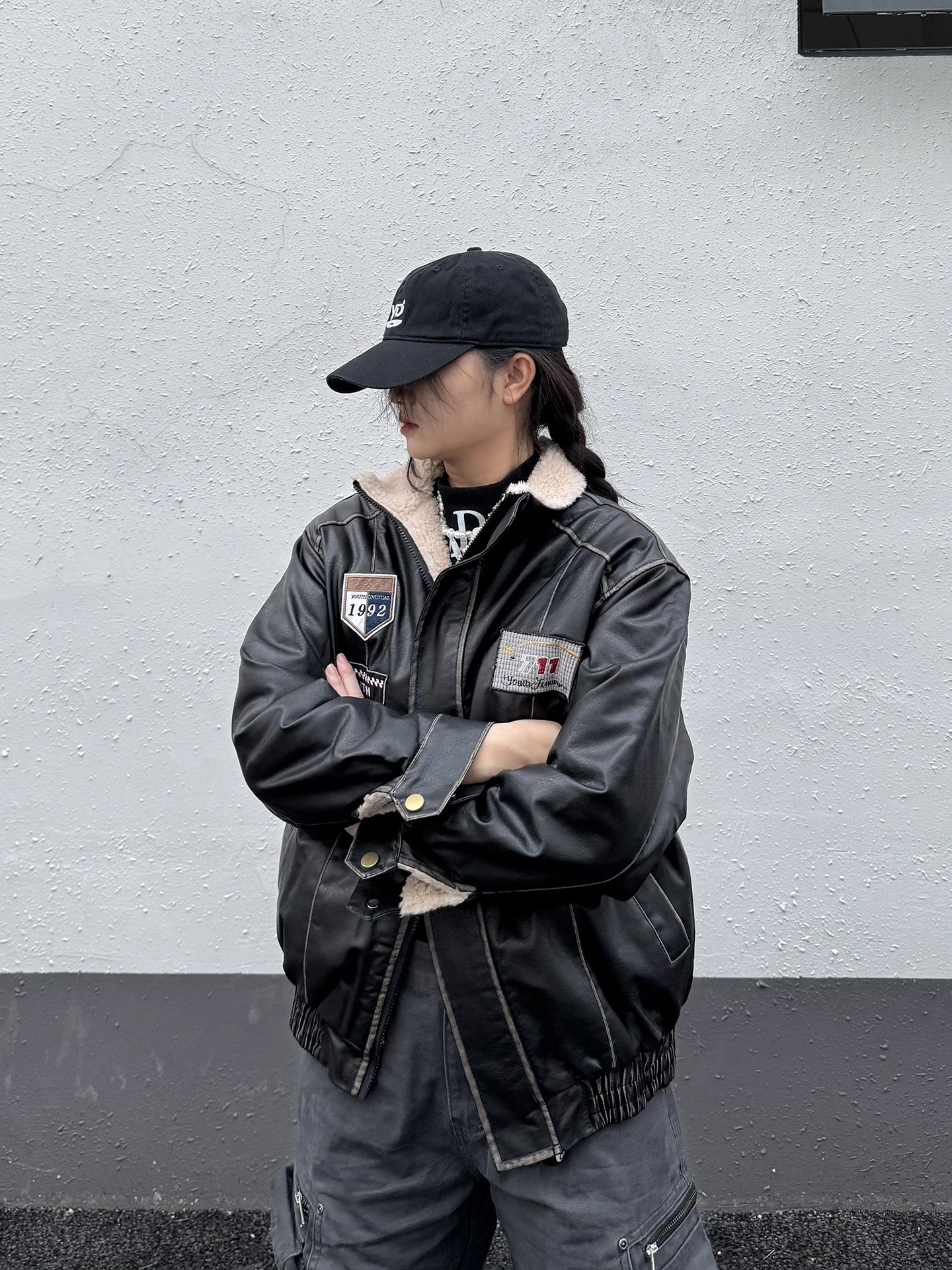 

Cemoliqiu American Retro Embroidered Leather Jaet Men's Winter Fce Double-Sided Wear Cool Cotton Clothes