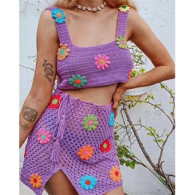 

Casual Crochet Knit Set 202 Two-Piece Polyester Fiber Svel Overhead Women's Sweater Sle Summer Faion Ensemble