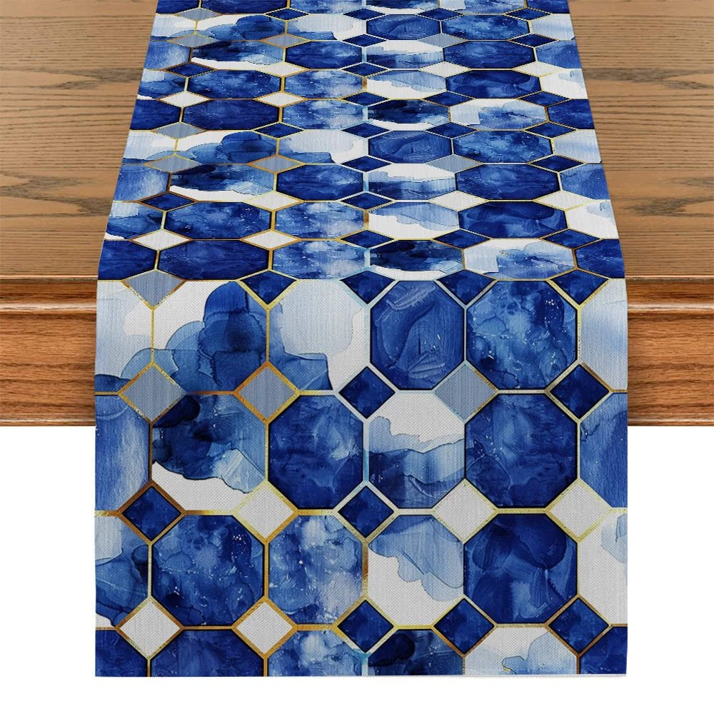 Geometric Hexagon Lines Watercolor Table Runners Dresser Decor for Kitchen Holiday Party Table Runner Washable Dining Long Cloth