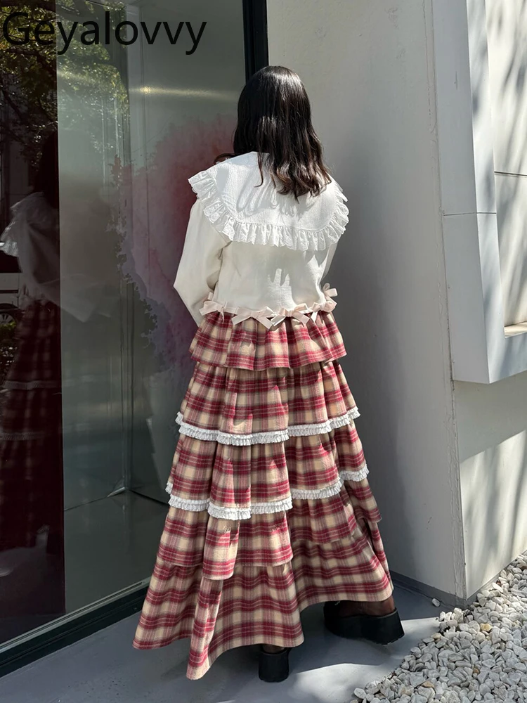 Estilo japonés dulce Retro a cuadros multicapa volante falda larga encaje Patchwork esponjoso Otoño Invierno cintura alta pastel Maxi faldas