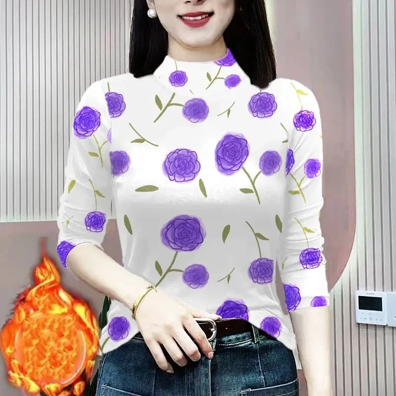 

Женская футболка с высоким воротом и рукавом три четверти с цветочным принтом, офисная одежда, элегантный стиль, облегающая весенне-осенняя одежда