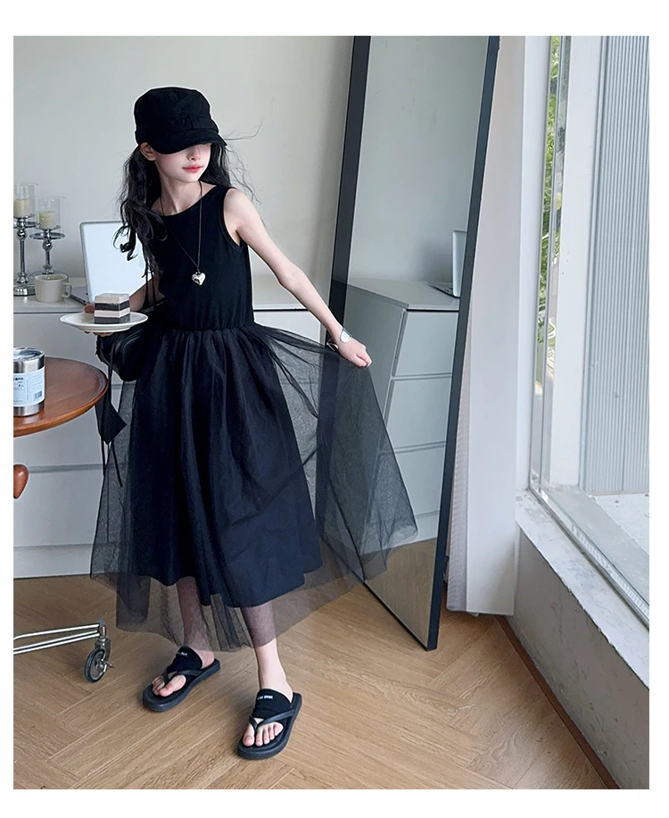 Schwarzes, rückenfreies, einteiliges Tüllkleid für Teenager-Mädchen, ärmelloses, langes Patchwork-Gaze-Kleid für Kinder, Sommerkostüm. – Detail 6