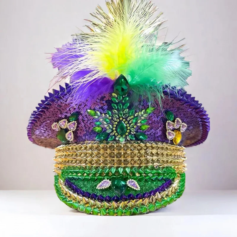 Mardi Gras Hat Chicken Feather Rhinestone Hen Do Hat Festival Captain Hat Steampunk Sergeant Headwear Music Festival Masquerade