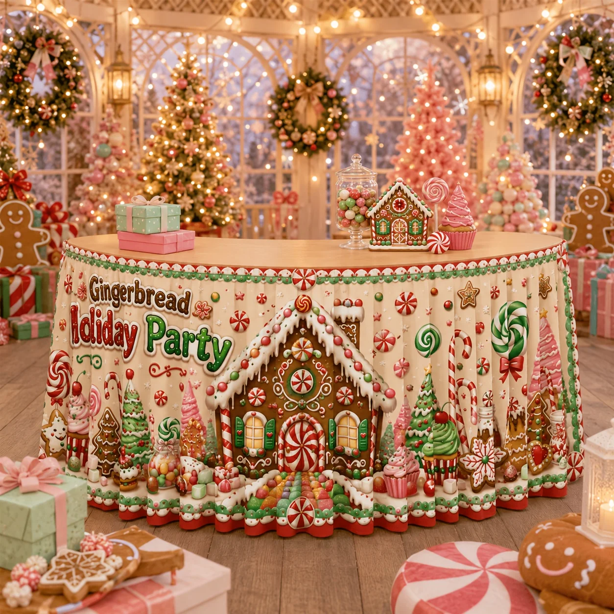 One tablecloth, Christmas gingerbread house walking stick candy wrapper cupcake lollipop cookie biscuits
