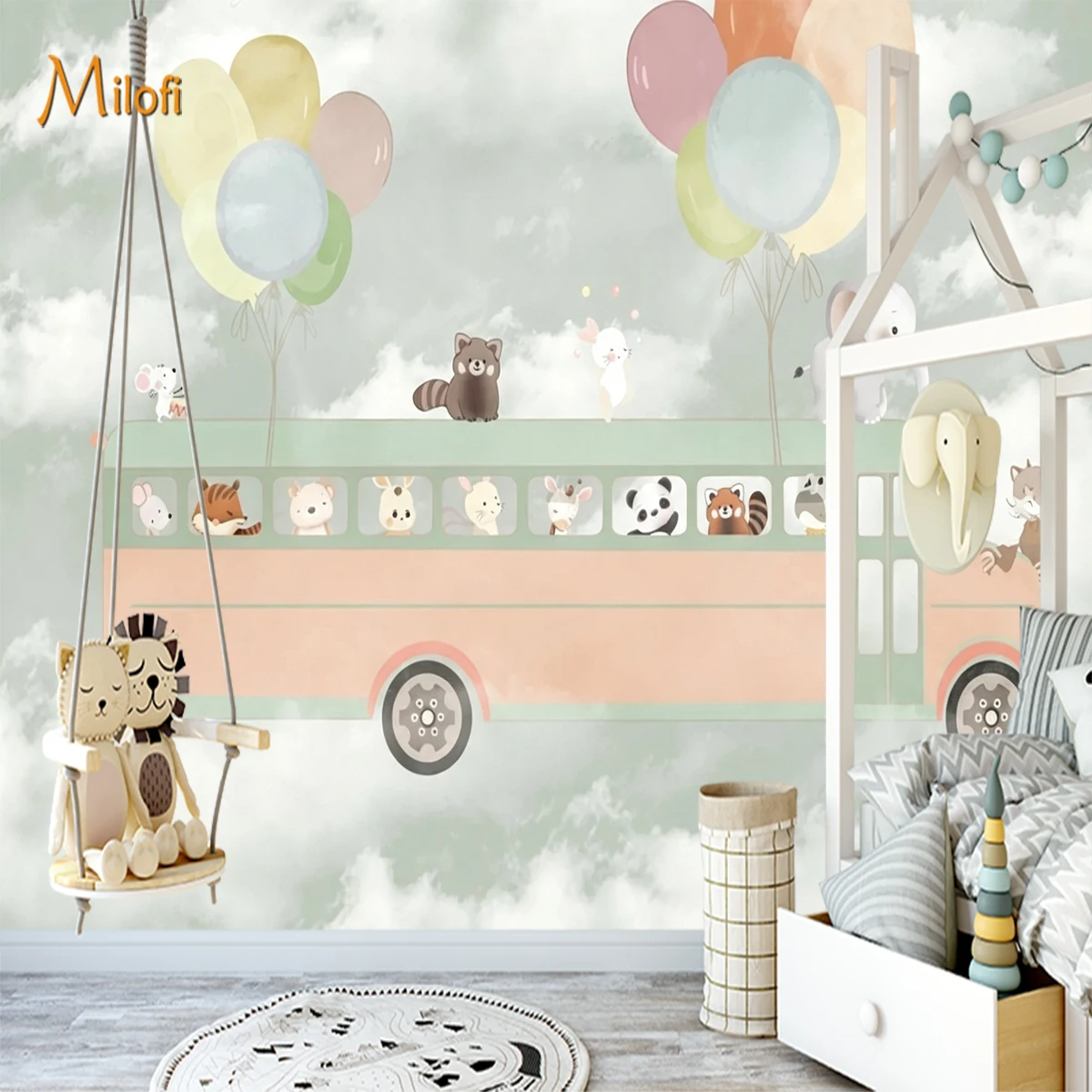 Custom 3D Cartoon Animal Bus Wall Mural Watercolor Cloud Balloon Wallpaper for Panda Elephant Rabbit Children Bedroom Wall Decor