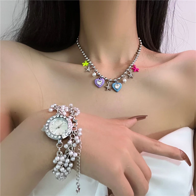 2023 New Vintage Zircon Dial Pearl Necklace Color Love Tassel Pendant Collar Personality Street Shot Female Jewelry Gift