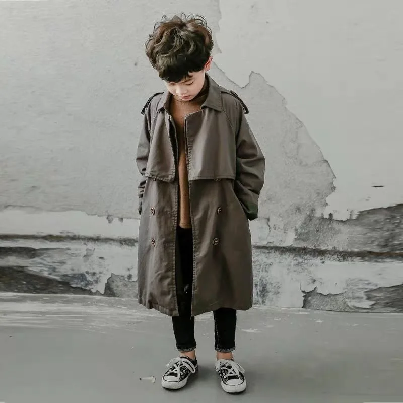 

2025 New British Style Korean Design Cotton Mid Length Trench Coat for Boys Children's Spring Autumn Jacket Toddler Big Kid Size