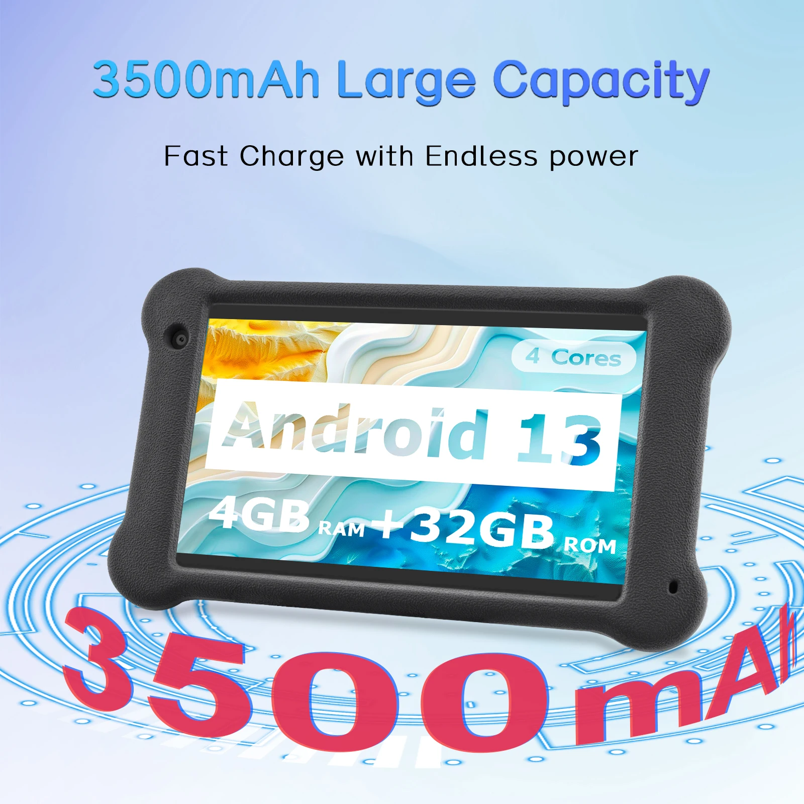 แท็บเล็ตแอนดรอยด์ ขนาด 7 นิ้ว ระบบปฏิบัติการแอนดรอยด์ 13 แรม 4GB ความจุ 32GB รองรับการเพิ่มความจุได้ถึง 1TB หน้าจอ 1024*600IPS แบตเตอรี่ 3500mAh กล้องคู่ รองรับ Wifi แบบ Dual Band