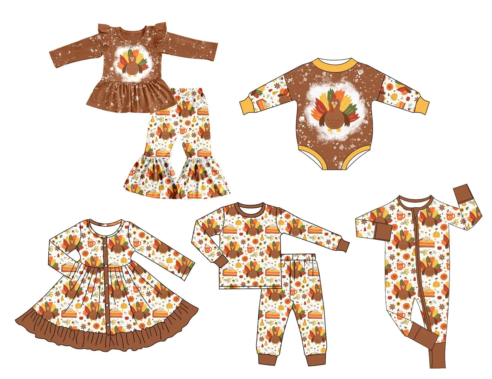 Thanksgiving long-sleeved lace turkey print bell bottoms pajamas boutique children's set baby romper dress