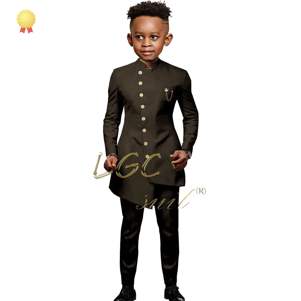 Boys Indian style long gold button jacket and trousers 2-piece set, suitable for boys aged 2~16 years old, customized suit