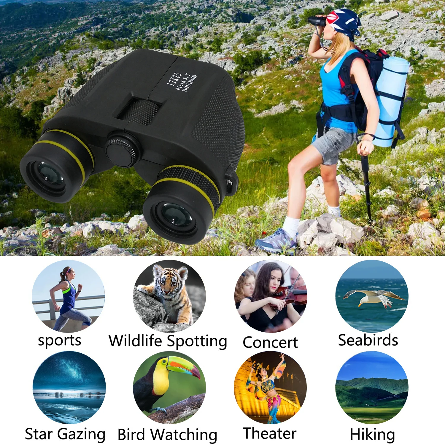 

Powerful Binoculars 12x25 Porro BAK4 Lightweight Binoculars Portable Telescope for Kids Toys Adults Sports