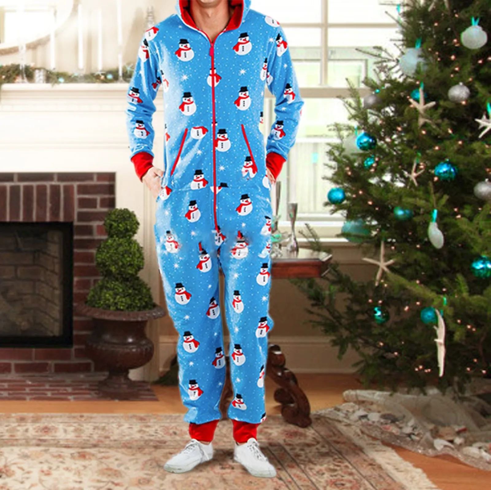 

Autumn Winter Onesies Mens Snowman Christmas Elk Printed Zipper Hooded Jumpsuit Long Sleeve Zip Hood Pyjamas Nightwear Onesies