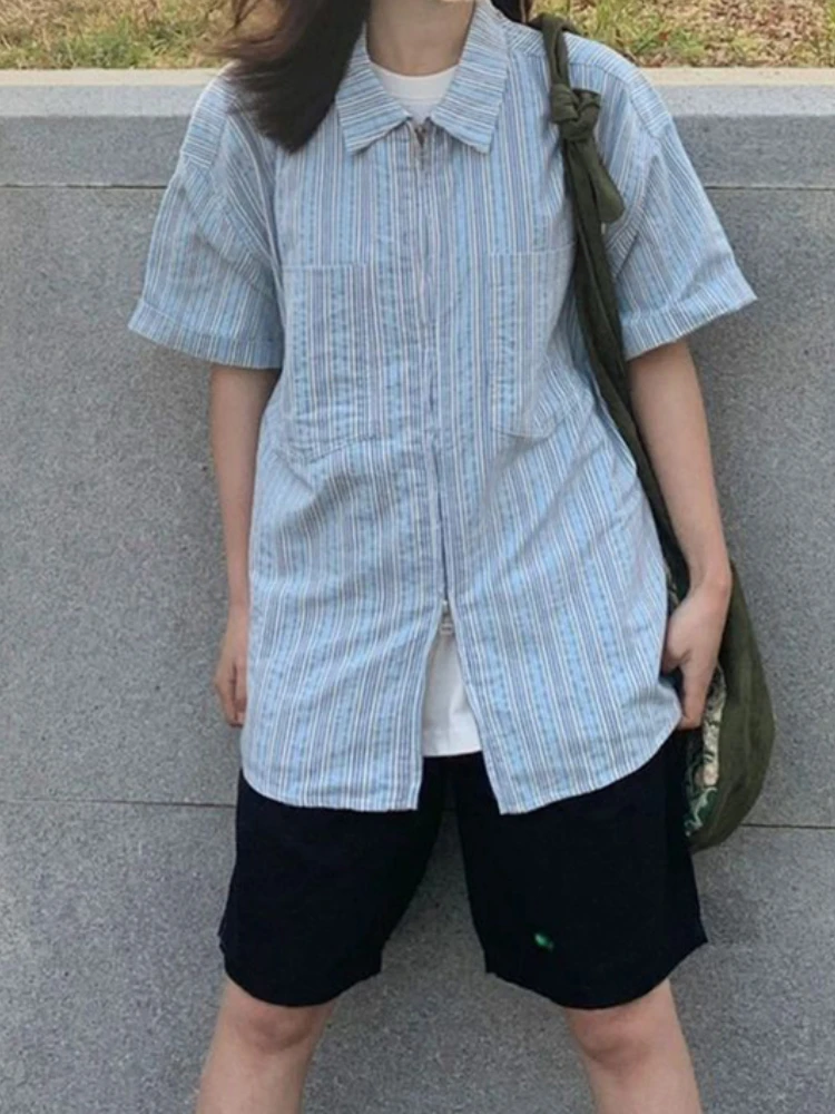 2024 Summer Short Sleeve Striped Loose Women Blouse Pocket Y2k Aesthetic All Match Blusas Fashion Casual Japanese Harajuku Shirt