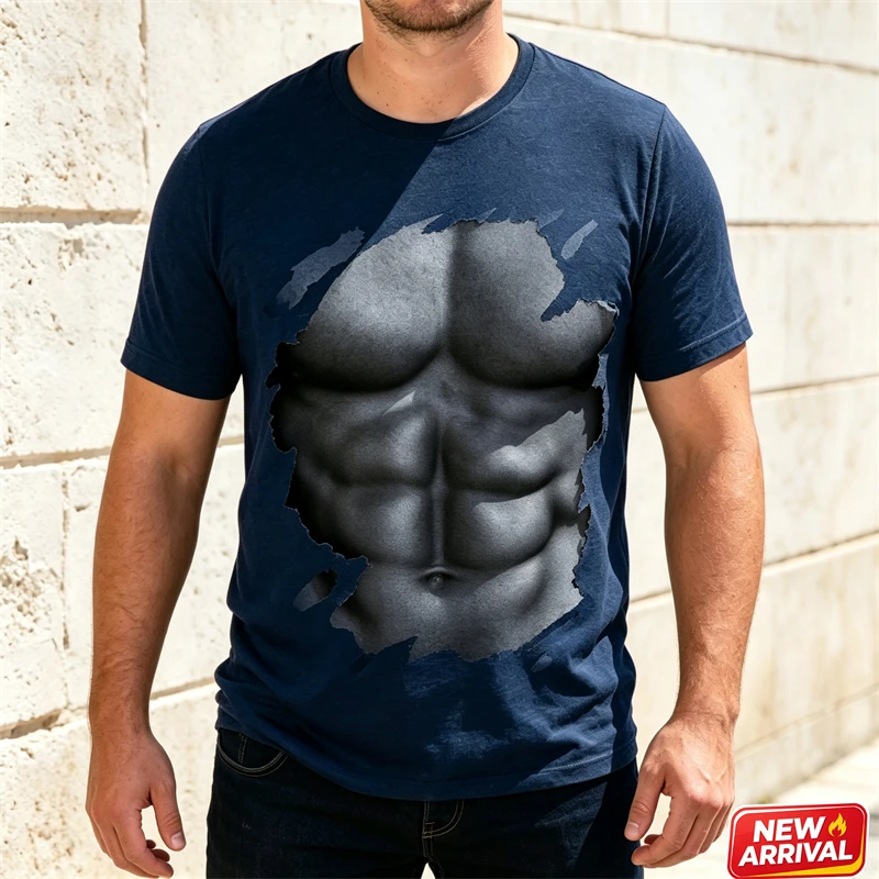 Men Funny 3D Ripped Hole Fake Abs Graphic T Shirt Summer Casual Short Sleeve Realistic Muscle Print Street Cosplay Costume Tops