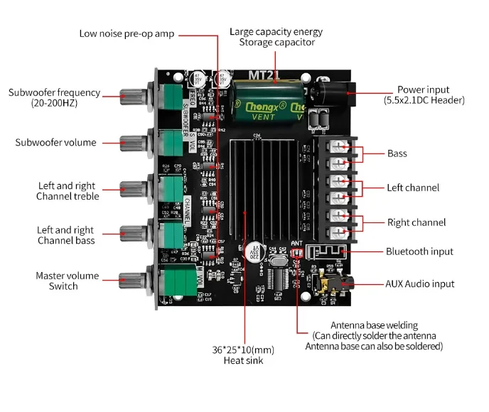 ZK-MT21 Bluetoothデジタルアンプモジュール,2.1チャンネル,高音および低音,補助入力,オーディオ