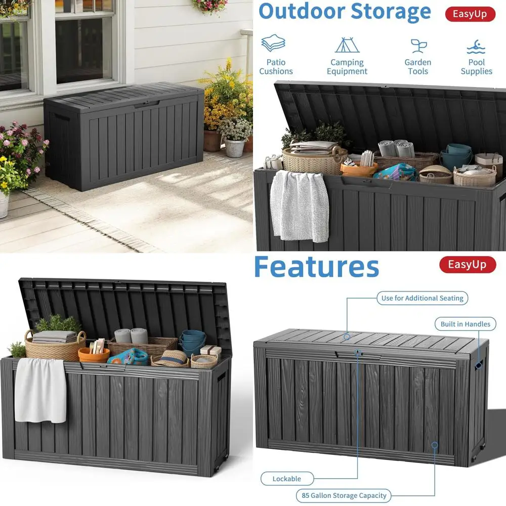 

Ящик для хранения из полимерного материала, 85 галлонов, водонепроницаемый и с защитой от УФ-излучения для использования на улице, черный с полосами