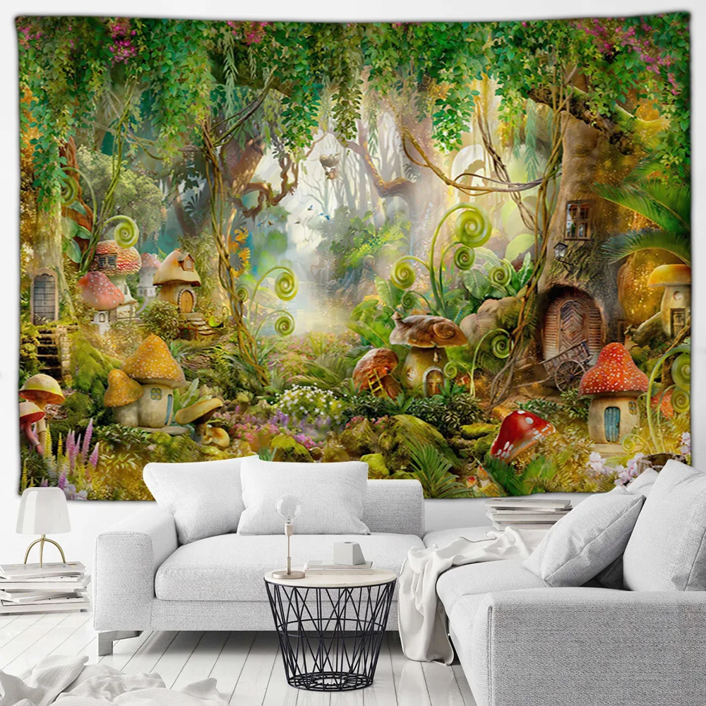 Fantasy Forest Tapestry Enchanted Mushroom Tapestry Fairytale Magical Wonderland Tree House Tapestries Wall Hanging Art for Kids