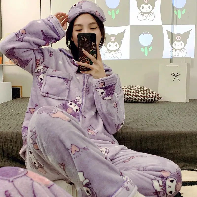 

Kuromi Women's 2025 Plush Thermal Flannel Pajama Set Fall Winter Cartoon Sweet Long Sleeve Cozy Warm Home Loungewear