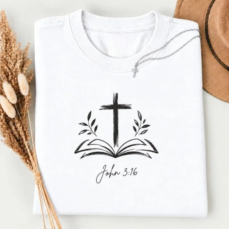 Christian John 3:16 Cross Open Bible Leaf Graphic T Shirt Unisex Religious Faith Short Sleeve Casual Tee Believer Gift Tops