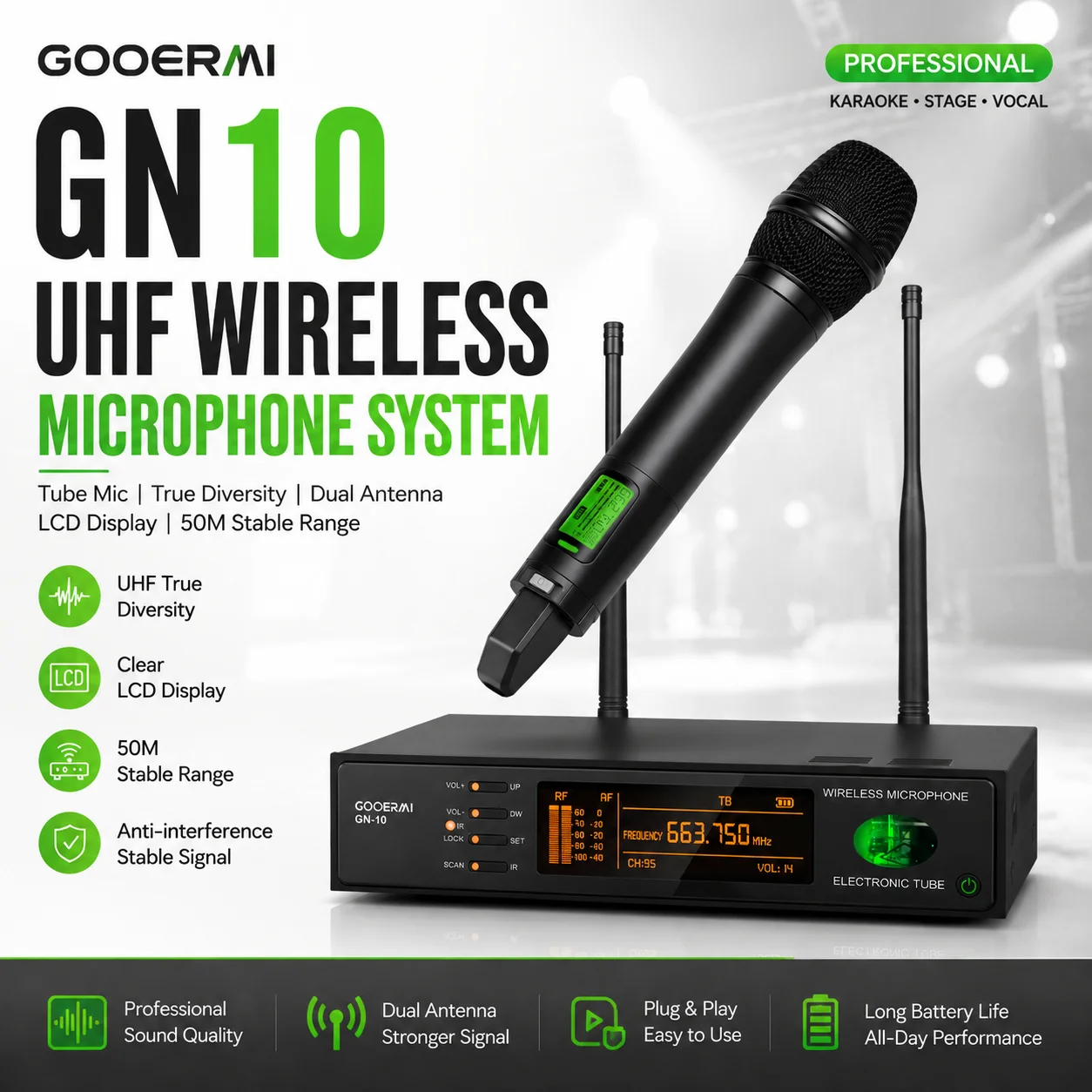 Gooermi GN10 UHF Wireless Microphone System Tube Mic True Diversity Receiver Dual Antenna LCD Display 50M Karaoke Stage Vocal