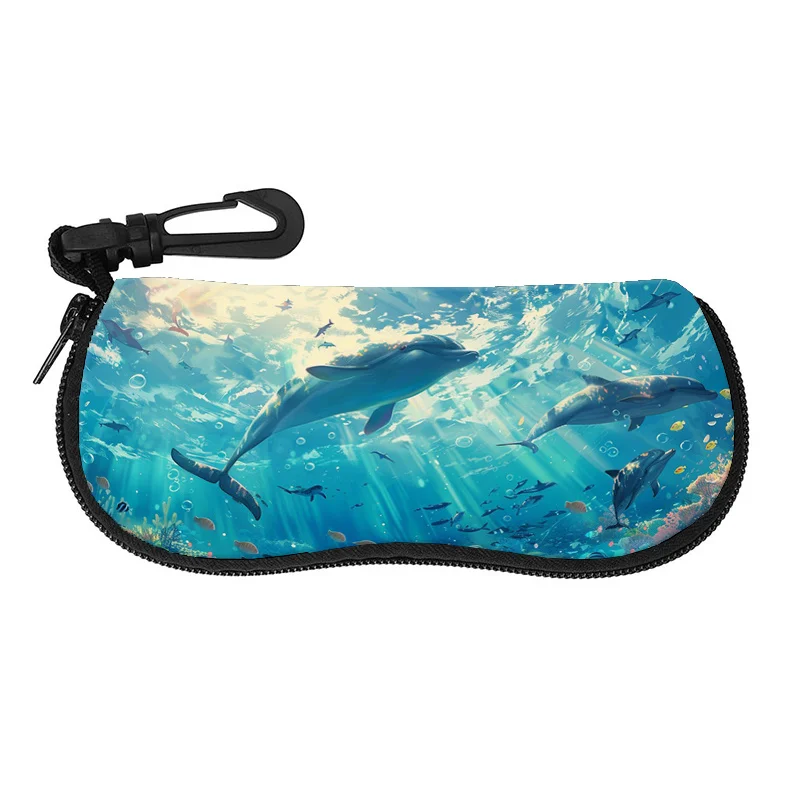 Animal Doulphin 2D Flat, 1pc Marine Life Design Glasses Case with Ocean Theme Turquoise Blue Turquoise Fish Pattern