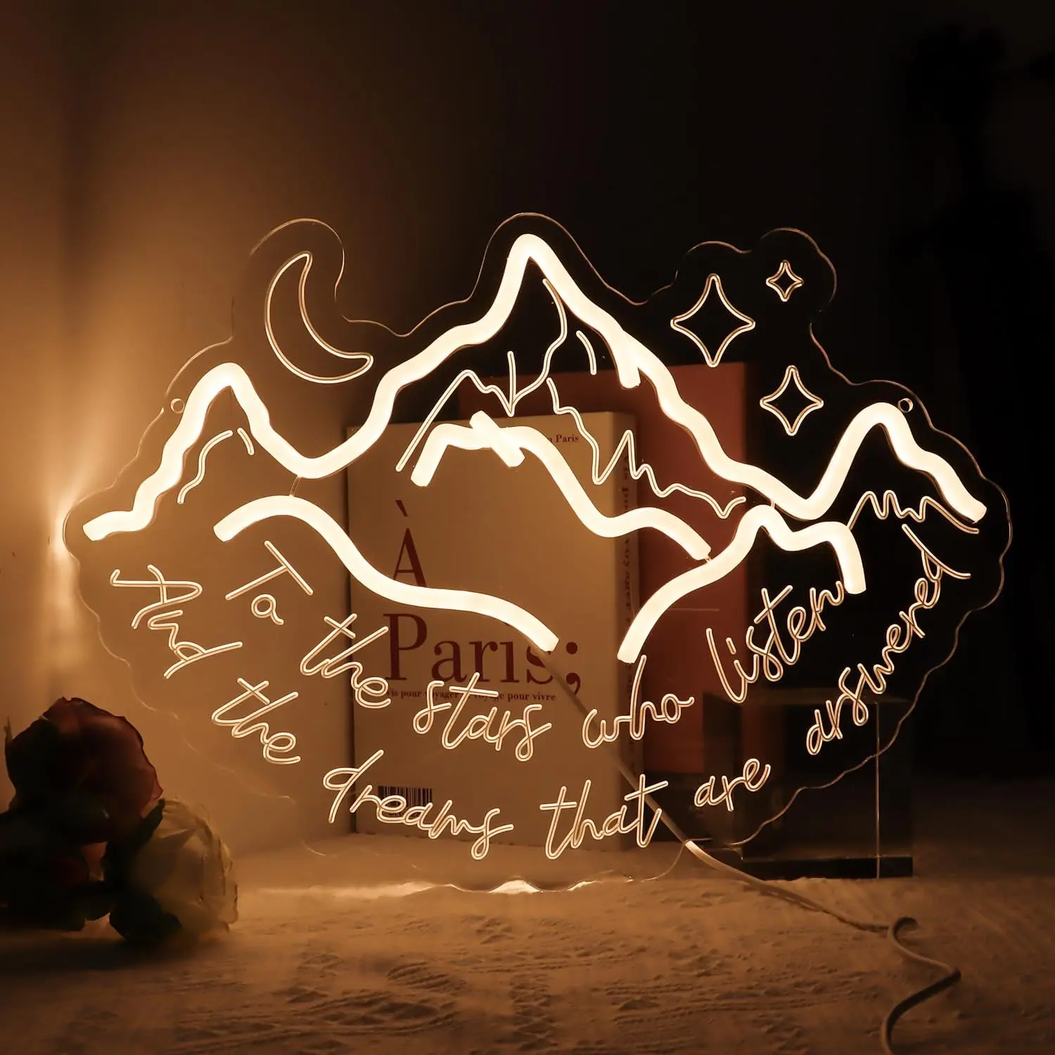 To the stars who listen, dream answered Neon sign, Book lover Gift, Starry night light USB Wall Decor for Living Room Book Store