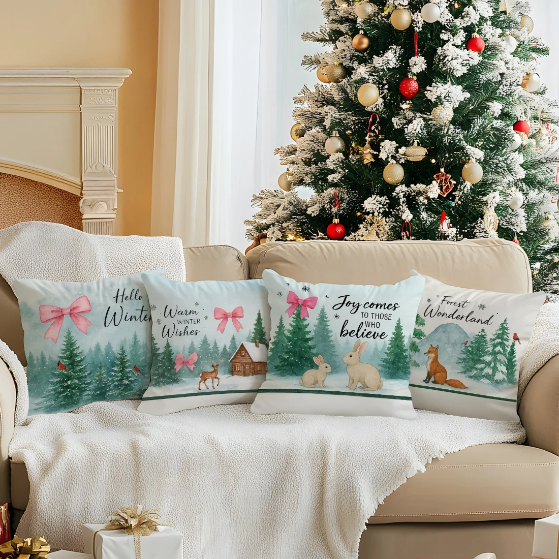 Invierno bosque nevado alce zorro conejo arco 4 Uds 40/45/50cm funda de cojín habitación hogar sofá sala Oficina coche funda de