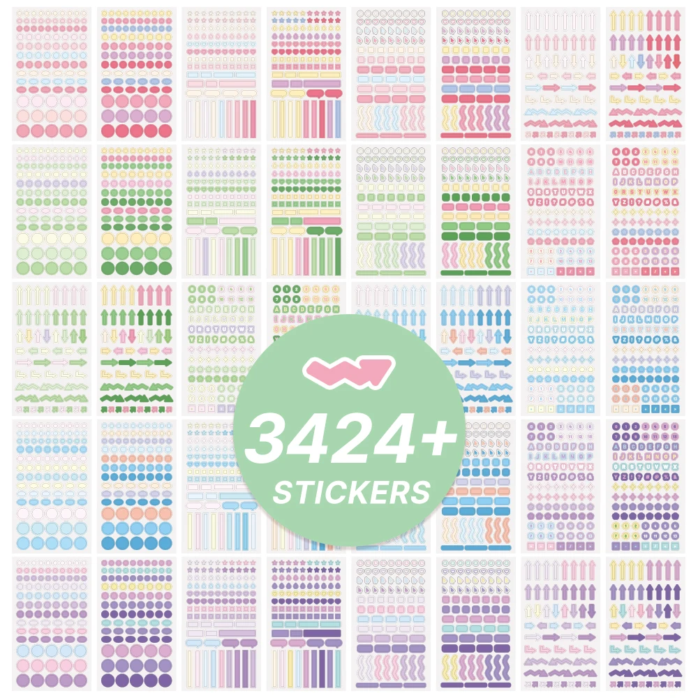 3424 Pcs Colorful Mood Label Stickers Geometry Fantasy Decals For Journaling DIY Crafts Notebooks Multi-element Decorative