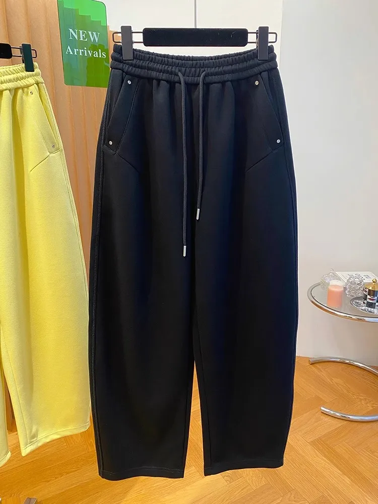 プラスサイズ 300 ポウ 韓国風 スレ イエロー カーブドナイフパンツ レディース 春秋 ルーズ カジュアル バナナ ロングパンツ