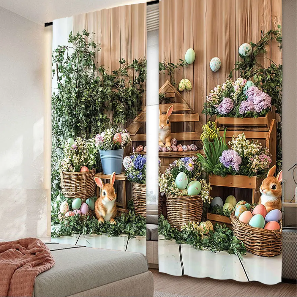 

2Pcs Spring Rustic Curtain Bunny Rabbit Easter Decoration Window Drapes Design For Privacy Protection And Stylish Home Decor A