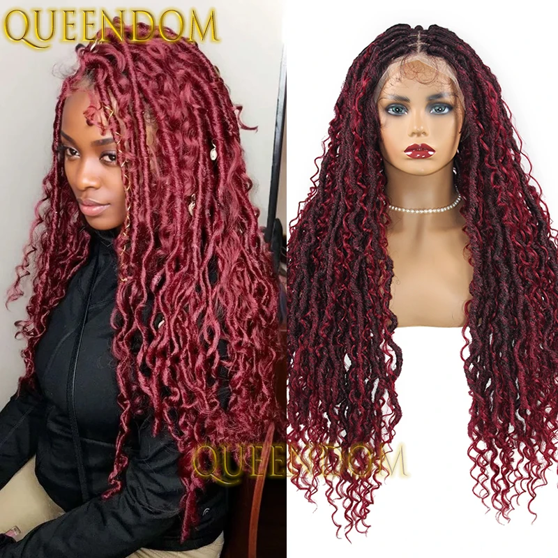 

Queendom 32 Inch Synthetic Box Braid Wig Full Lace Ombre Burgundy Bohemia Braids Wig Knotless Senegal Twist Braided Goddess Wig