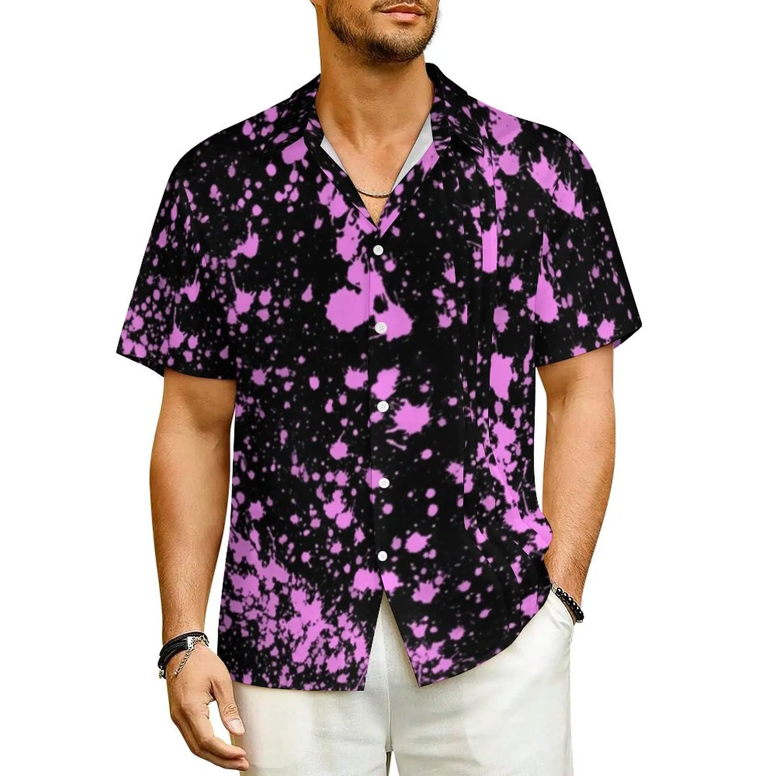 

Pink Paint Splatter Vacation Shirt Men Neno Print Classic Casual Shirts Hawaii Short-Sleeve Harajuku Oversized Blouses Gift