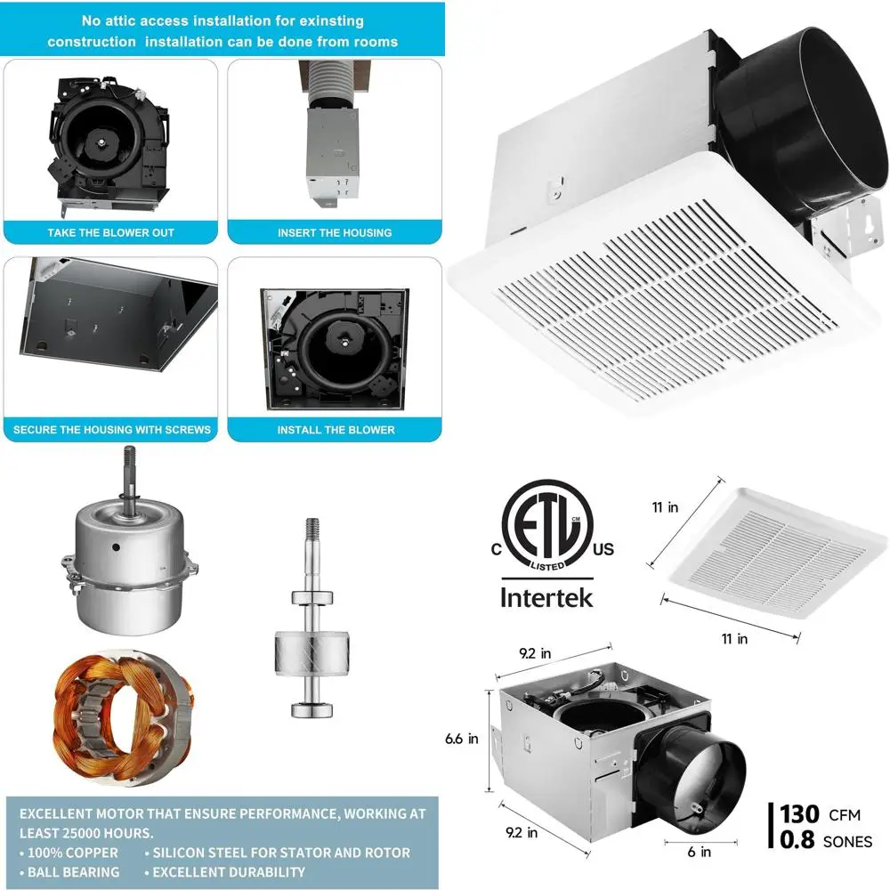 

6-Inch Quiet Ceiling Mount Ventilation Fan, 130 CM, 0.8 Sone, No Attic Access Needed, White, ETL Certified