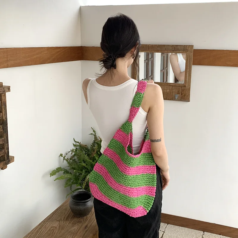 Bolso de paja a rayas para mujer, bolsa de hombro de cuerda de papel grande, bolsos de playa tejidos bohemios para mujer, bolsos de diseñador, Tote Hobos de viaje