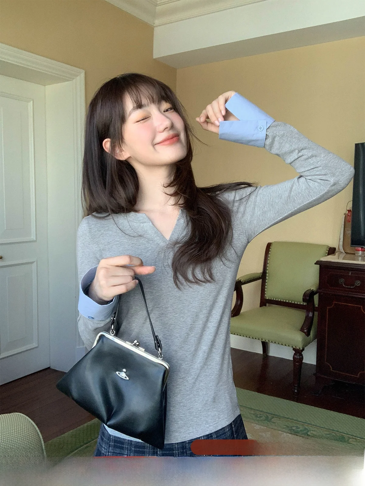 

Slim Fit V-Ne T-irt Color Blo Sve Split Hi-Lo Design Women's Base irt Spring Autumn New Sle Ele Top