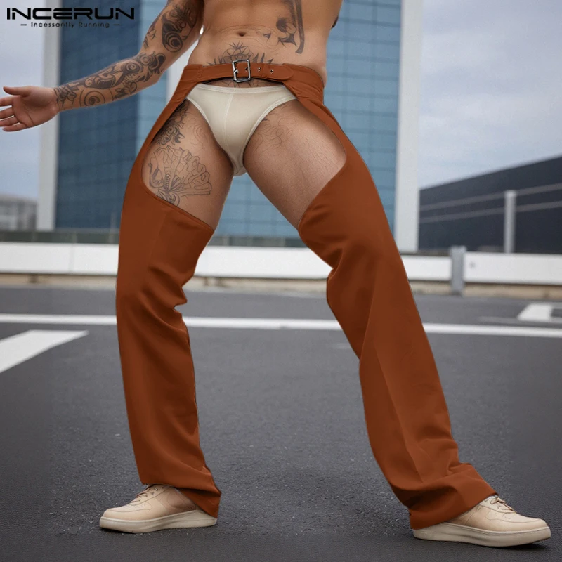 INCERUN Men Pants Solid Color Button Hollow Out Sexy Male Pants Streetwear Loose 2025 Personality Fashion Casual Trousers Men