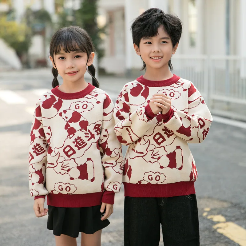 Lunar Chinese New Year Clothes for Family 2024 Knitted Sweater Father Mother Son Daughter Matching Knit Jumper Children Clothes