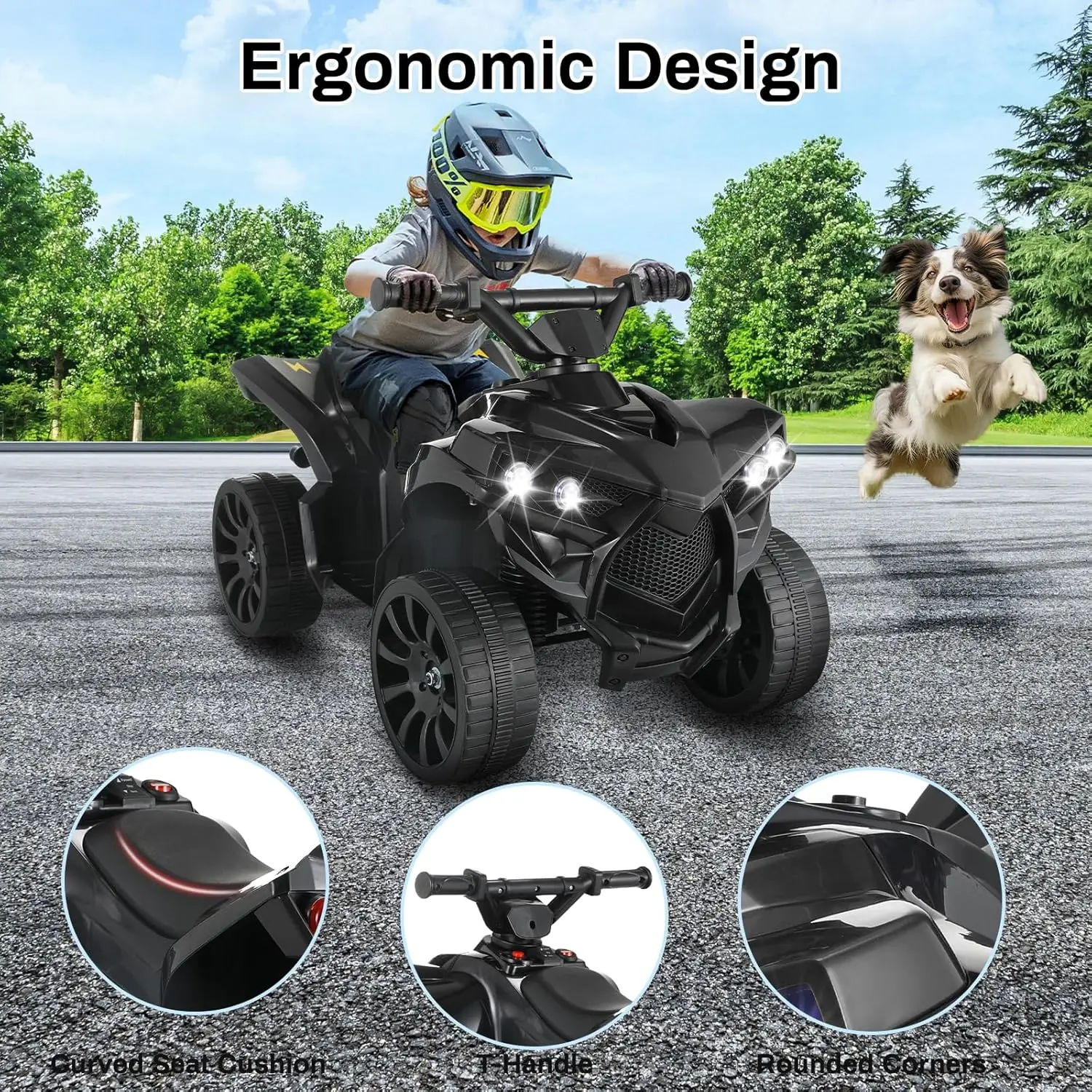 Kinder fahren auf ATV, elektrisches Gelände-Quad-Auto, 6 V, batteriebetrieben, mit Musik, Licht, Schwarz