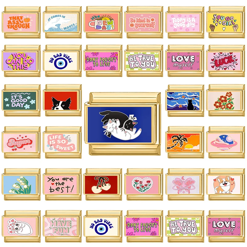 جديد Y2K الذهب اللون الفن تصميم ملون كلمة الإيطالية سحر الروابط صالح 9 مللي متر الفولاذ المقاوم للصدأ سوار النساء الرجال DIY بها بنفسك صنع الهدايا