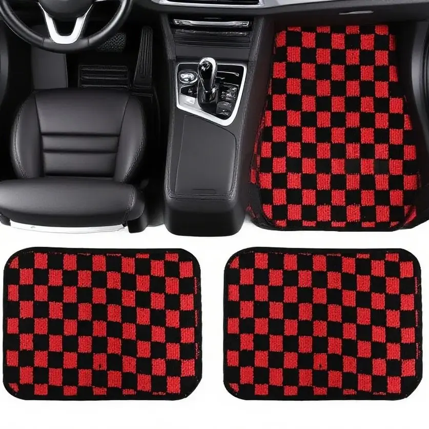 

Checkered Fleece Car Foot Mats Set - Warm Fluffy Carpet Liners Non-Slip Universal Fit All Vehicles Interior Protection