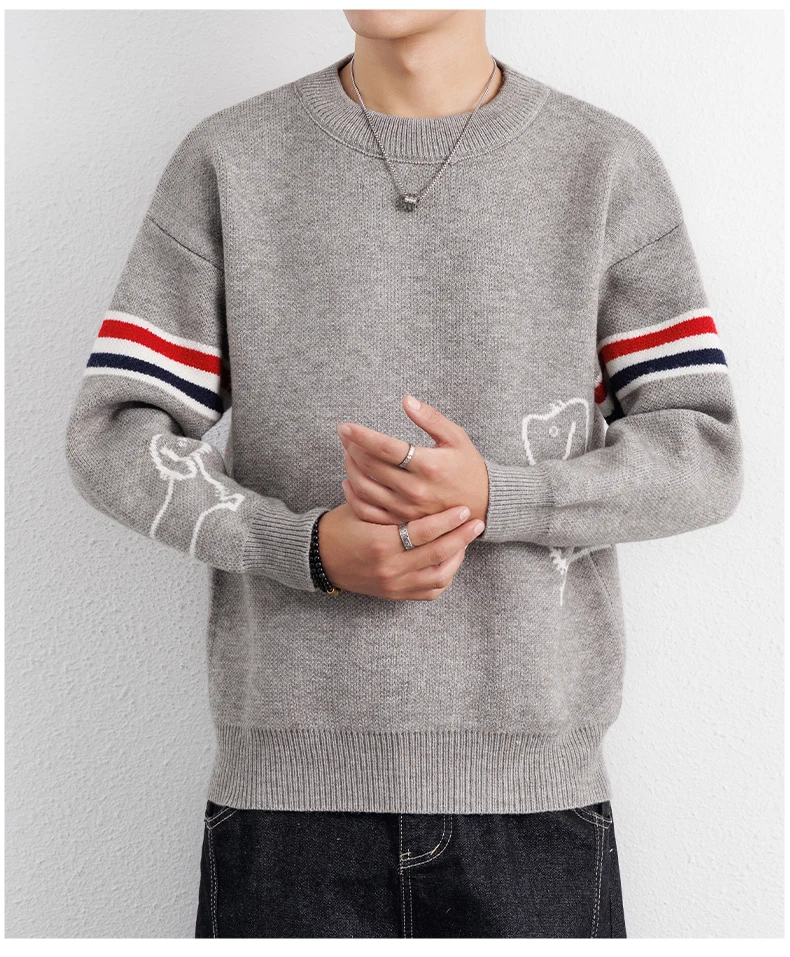 Luxus Marke Pullover Herren Herbst Winter Neue süße Welpen Druck Mode gestreifte Knopf Design Casual Warm Rund Stricken Sweater – Detail 6