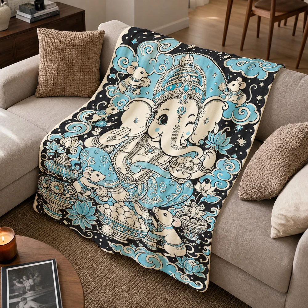 Luxurious Ganesha Hindu Elephant Throw Blanket for Sofa Couch Decor Spiritual Boho Indian Mythology Festival Tapestry Art