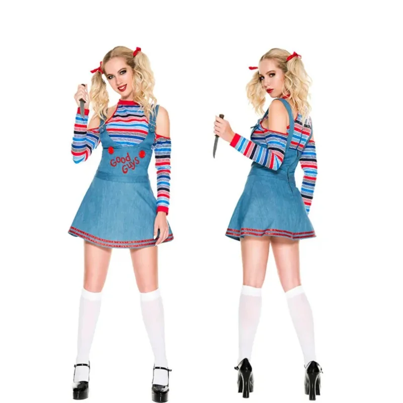 Halloween lalka duch Cosplay Chucky kostiumy dla kobiet strój dla dorosłych dziewcząt fantazyjne sukienki karnawał Horror duch lalka kostium klauna